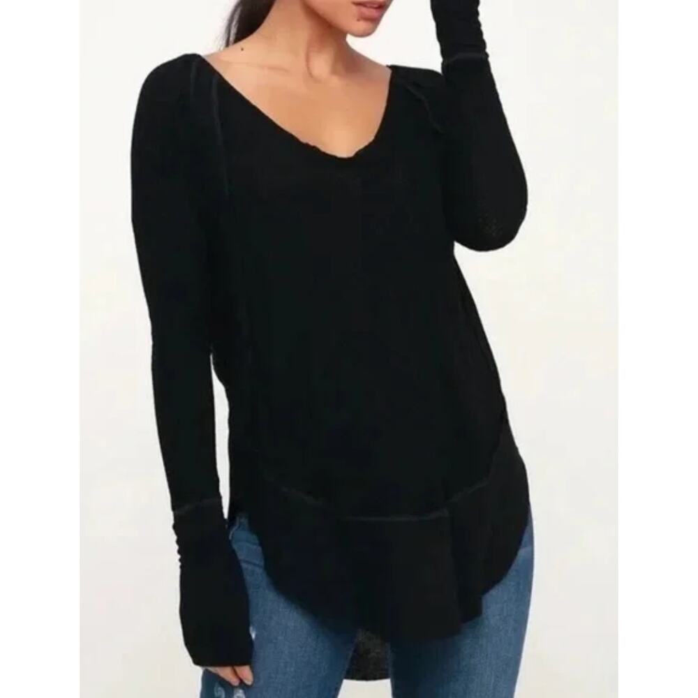 Free People Catalina Black Long Sleeve Thermal Waffle Knit Small